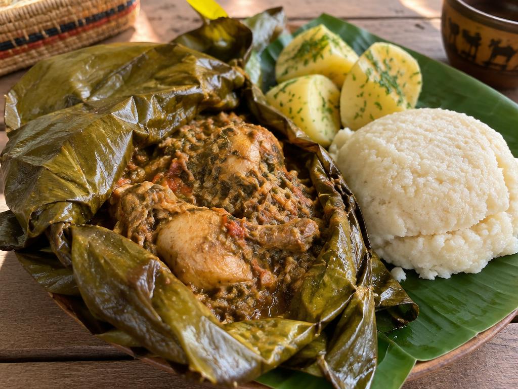 Luwombo (Chicken in Banana Leaf) with Irish Potatoes & Posho