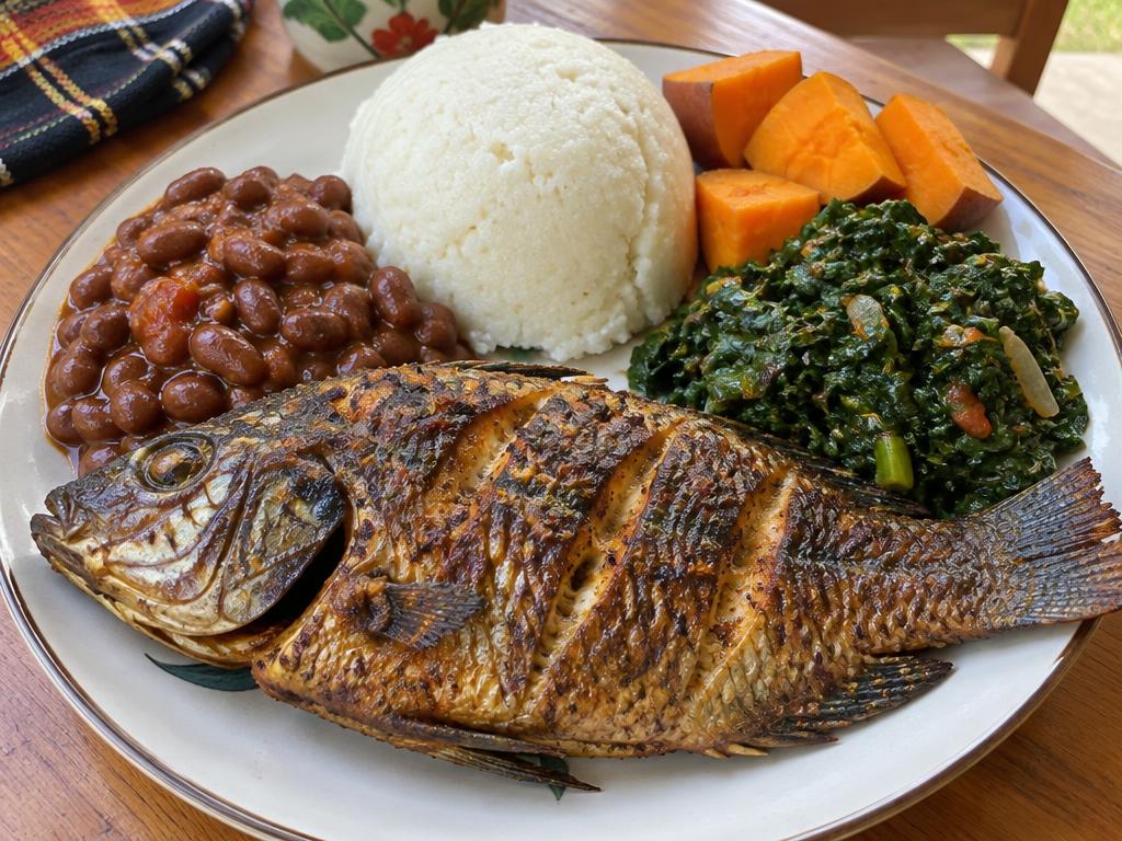 Beans & Posho with Roasted Tilapia & Sweet Potatoes
